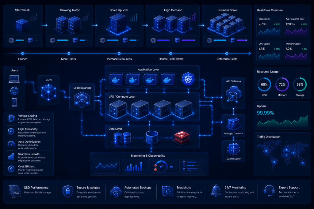 Scalable VPS infrastructure expanding through cloud resources, Kubernetes, and load balancing.