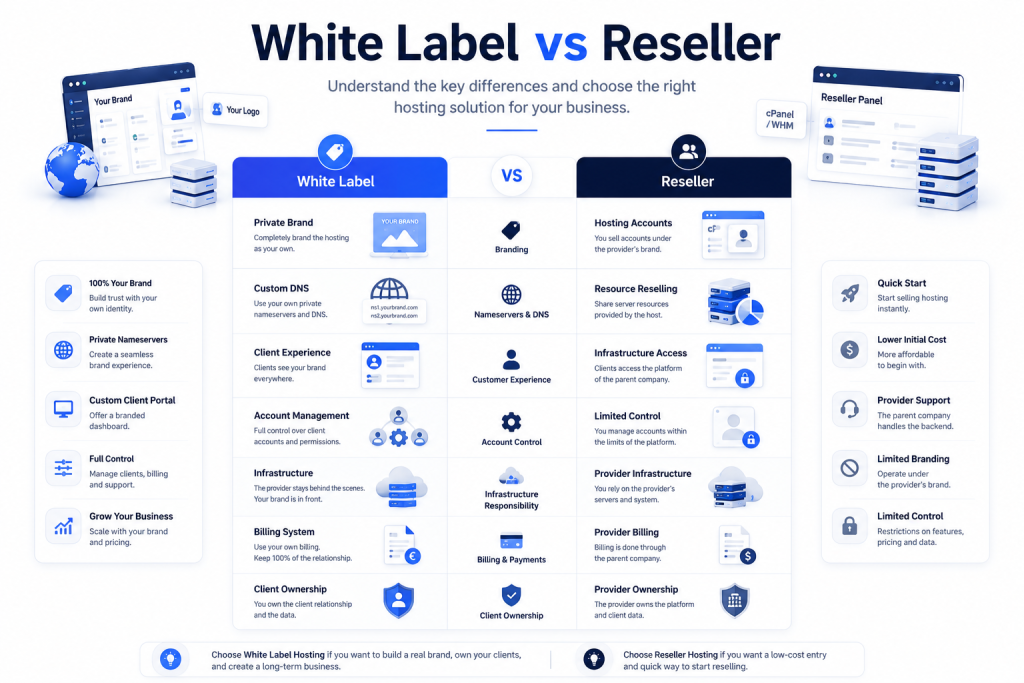Comparison of white label hosting and reseller hosting showing branding client management and hosting features