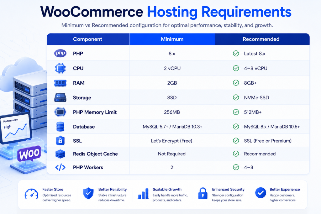 Comparison of minimum and recommended WooCommerce hosting requirements including CPU RAM PHP and NVMe storage
