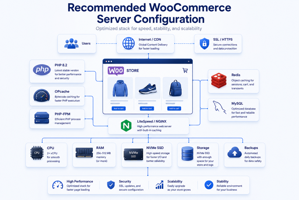 Optimized WooCommerce server configuration with PHP MySQL Redis NVMe storage and LiteSpeed