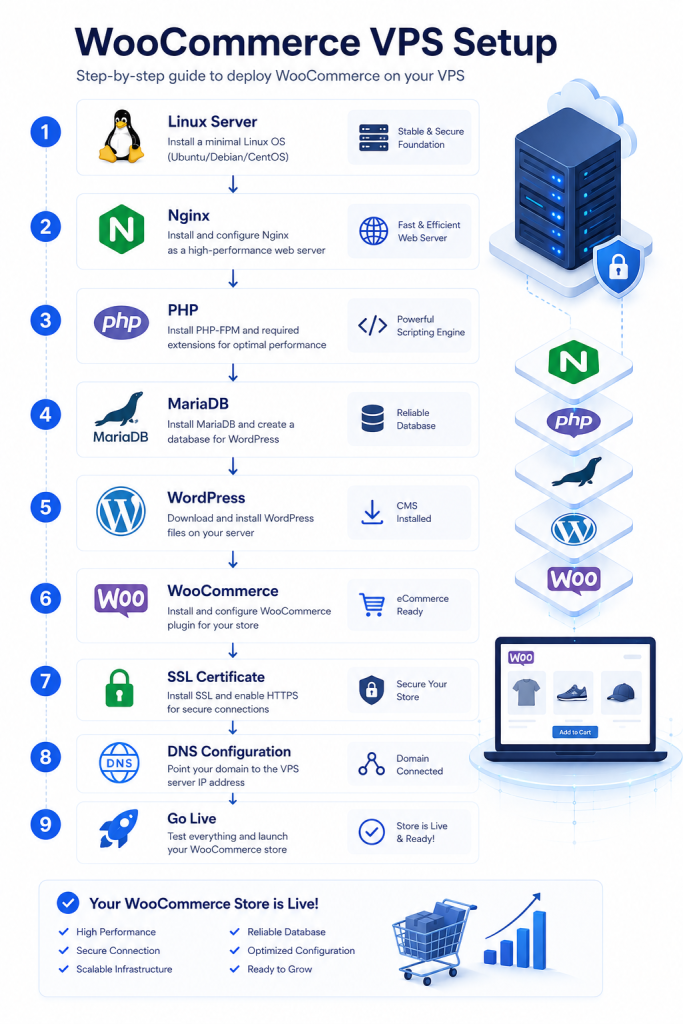 WooCommerce VPS installation workflow showing Linux Nginx PHP MariaDB WordPress SSL and DNS configuration