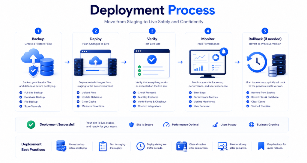 WordPress deployment workflow showing backups staging deployment monitoring verification and rollback