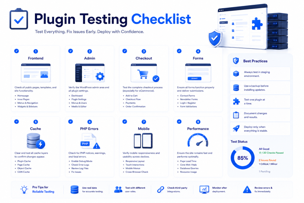 WordPress plugin testing checklist showing frontend admin checkout cache PHP errors and mobile testing
