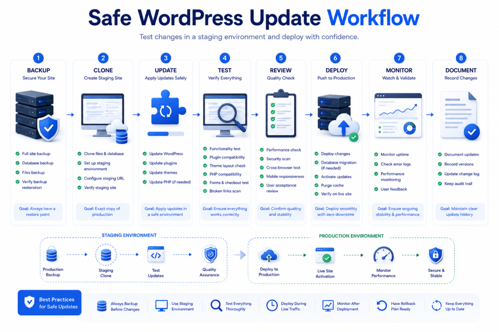 WordPress staging deployment checklist showing backup verification plugin testing SSL cache and rollback readiness