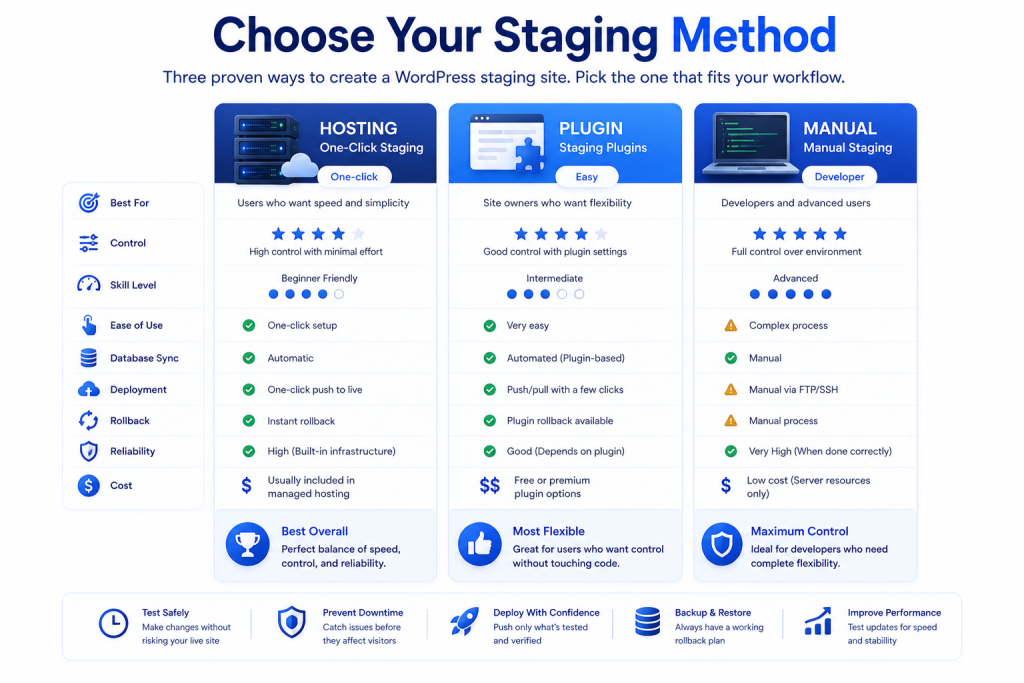 Comparison of WordPress staging methods including hosting provider staging plugins and manual setup