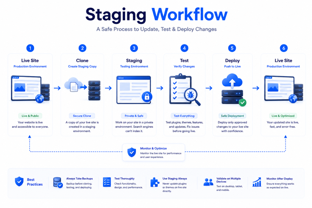 WordPress staging workflow showing cloning testing plugin updates deployment and production website