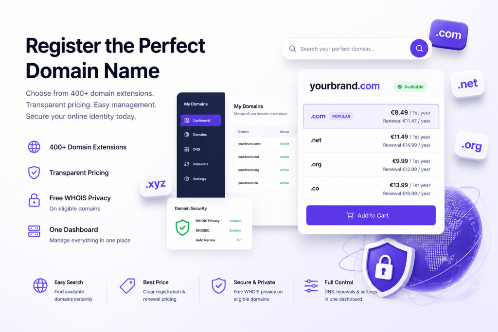 Domain registration with availability search, extension pricing, and domain management